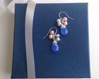 blue teardrop earrings, champagne earrings, silver blue earrings, blush pearls, blue pearl jewelry, real pearl earrings, pantone 2016, rose