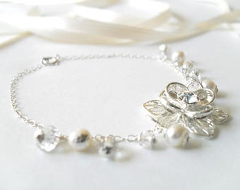 Swarovski Crystal Pearl Bridal Bracelet, Sterling Silver Flower, Wedding Jewelry
