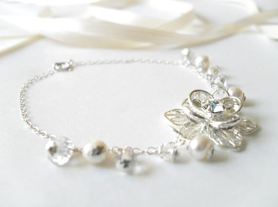 Swarovski Crystal Pearl Bridal Bracelet, Sterling Silver Flower, Wedding Jewelry