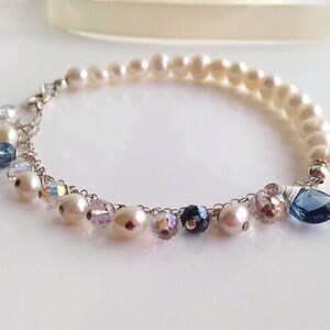 Crystal blue bracelet, blue bridal jewelry, white pearl bracelet, round pearl jewelry, something blue wedding jewelry, sapphire bride