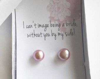 wedding party gifts ideas, pink bridesmaids earrings, pearl Earrings wedding pink pearls bridesmaids jewelry, 10mm studs gift for her