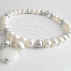 Pearl Bridal Bracelet one strand, Grey Weddings White Elegant bracelet Classic, white pearl bracelet bridesmaid, image 3