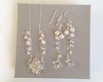 Bridal Jewelry set, Pearl jewelry, pearl crystal necklace, wedding earrings, long earrings, crystal statement necklace , bridal necklace