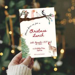May include: A Christmas Lunch invitation card featuring watercolour illustrations of Australian birds and a kangaroo in a Santa hat. The card includes the text "Please join us for a Christmas Lunch" and event details.