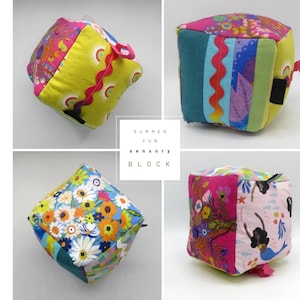 Baby Sensory Crinkle toy Fidget Cube Block with mermaids, flowers, rainbows + geometrics for play, sustainable cotton and crinkle.