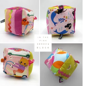 Sensory Crinkle Fidget Cube Block with mermaids, cats, flowers and geometrics in happy colors for play motor skills & stress release. Cotton