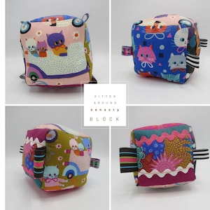 Whimsical Sensory Crinkle Fidget Cube Block with cats, fish and geometrics in modern colors for play motor skills & stress release. Cotton