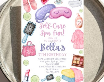 Spa Party Einladung Vorlage, Pamper Girl Geburtstag einladen, Self Care Aquarell Canva Printable, Mädchen Geburtstag