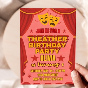 Convite de aniversário de teatro editável para meninas | Modelo de festa de teatro do Canva | Festa no palco | Cortina vermelha | Tema de teatro | Download instantâneo