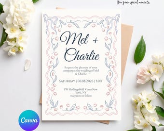 Coquette Wedding Invitation Suite, Whimsical Floral Template, Editable Bow Ribbon (Digital Download)