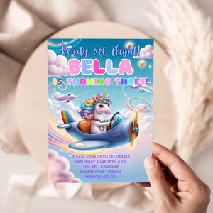 Faire-part d'anniversaire pilote licorne arc-en-ciel pastel, invitation à une fête, invitation avion à télécharger modèle imprimable sur toile, faire-part filles