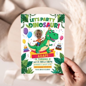 Personalized Dinosaur Birthday Invitation, Custom Face Photo, Party Hat Invite, Three Rex Birthday Dino Party, Printable, Digital Download