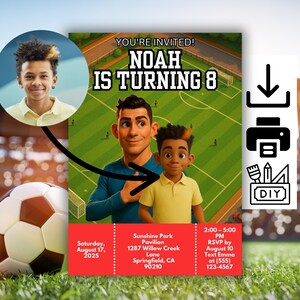 Custom Football Birthday Invite – Inspired Legendary No.7 – Cartoon Design with Your Child’s Photo -Soccer Star Birthday Invitation -