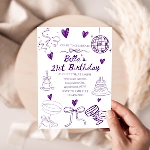 Convite de aniversário de 21 anos desenhado à mão na moda, modelo Canva editável com rabiscos, design de coquetel roxo e bola de discoteca, download instantâneo