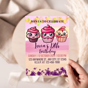 Modèle d'invitation d'anniversaire cupcakes, cupcake d'anniversaire pour les enfants, invitation d'anniversaire cupcakes sucrés, invitation de petit gâteau, téléchargement numérique