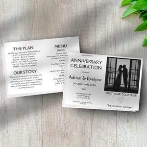 First Anniversary Elegant Invitation Template with Photo, Wedding Anniversary Party Invitation, Folded Modern Black and White Anniversary
