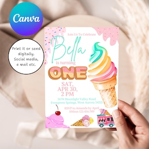 Ice Cream Birthday Invitation, 1st Birthday Party Invitation, Editable Ice Cream Theme Invite, Girl First Birthday Digital Download, Instant