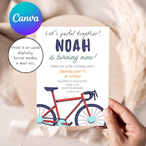 Bike Birthday Invitation, Boys Bike Party Invite, Custom 9th Birthday Card, Cycling Theme Birthday Invitation, Bicycle Canva Template