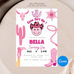 Pink  Cowgirl Birthday Invitation, Country Western Invite, Cowgirl Hoedown Birthday Party Invite, Editable Canva Template, C01
