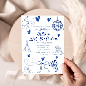 Trendy Hand-Drawn 21st Birthday Invitation, Editable Canva Template with Doodles, Blue Cocktail & Disco Ball Design, Instant Download