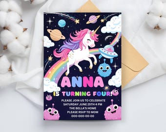 Unicorn Space Birthday Invitation Girl, Galaxy Party Invite, Editable Canva Template, Astronaut Pastel Printable