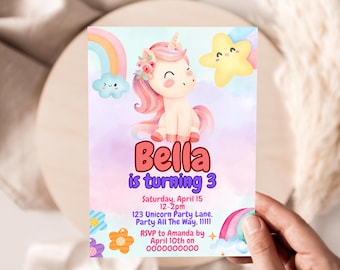 Invitación de cumpleaños de unicornio para el tercer cumpleaños, arcoíris pastel, plantilla editable de Canva.