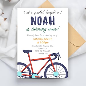 May include: A birthday party invitation with a bicycle graphic. The invitation reads "Let's pedal together! NOAH is turning nine!" with details for the party on Saturday, June 11th at 1:00 pm. The invitation includes an RSVP contact.