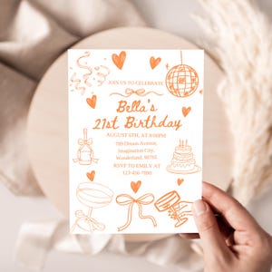Trendy Hand-Drawn 21st Birthday Invitation, Editable Canva Template with Doodles, Orange Cocktail & Disco Ball Design, Instant Download