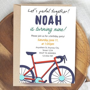 May include: A birthday party invitation with a red and blue bicycle illustration. The invitation reads "Let's pedal together!" and announces "NOAH is turning nine!" with party details including the date, time, and RSVP information.