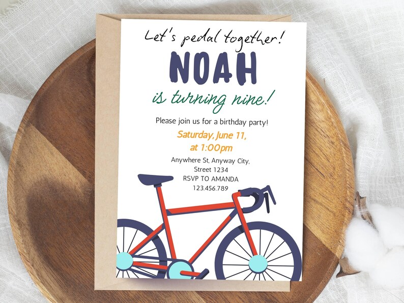 May include: A birthday party invitation with a red and blue bicycle illustration. The invitation reads "Let's pedal together!" and announces "NOAH is turning nine!" with party details including the date, time, and RSVP information.