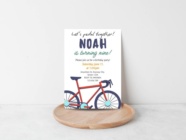 May include: A white invitation card with the text "Let's pedal together!" and "NOAH is turning nine!" in blue. A red bicycle illustration is at the bottom. The invitation includes party details: date, time, and RSVP information.