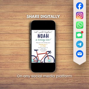 May include: A smartphone displays a birthday party invitation with a red bicycle graphic. The invitation reads "Let's pedal together! NOAH is turning nine!" and includes event details. Social media icons are on the right, with the text "SHARE DIGITALLY" above and "On any social media platform" below.