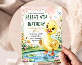Lucky Duck Birthday Invitation, Little Duckling Invite (Editable Template)