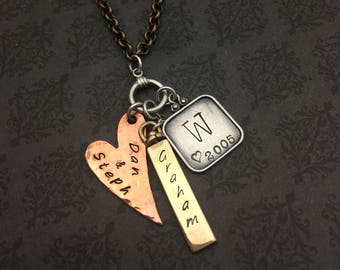 Special-Hand stamped Jewelry-long or short chain- 3 charms-heart-bar-square-names-dates-show special-birthday special