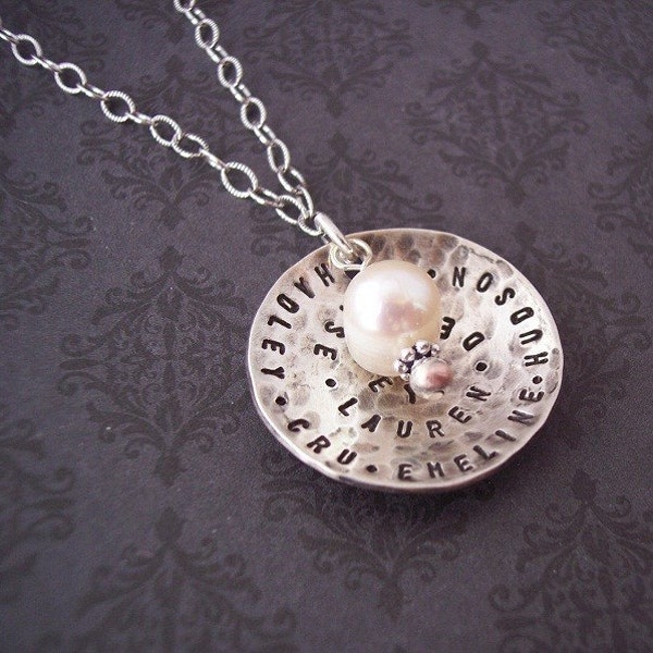 NEW Custom Personalized DOMED DISC hand stamped sterling silver necklace with pearl