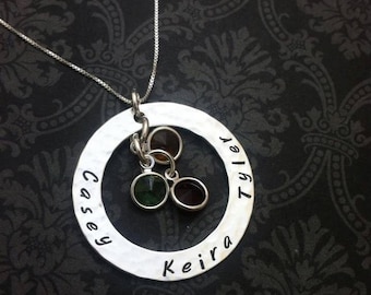 Hand Stamped Necklace LARGE MOTHERS RING with Swarovski Birth stones  for Mom or Grandma