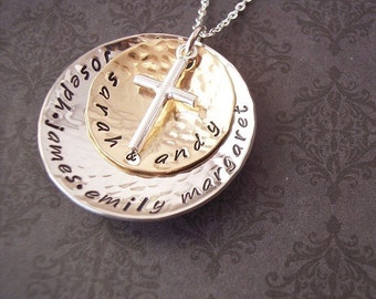 Hand Stamped Jewelry Personalized Necklace - EXCLUSIVE God's Blessings Brass and Sterling discs with Sterling Cross charm