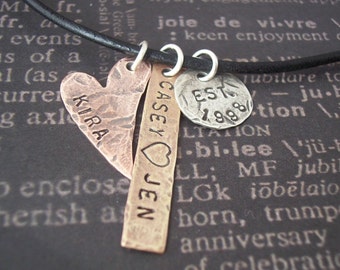 Hand Stamped necklace - Personalized hand stamped jewelry - WONDERFUL FAMILY Silver disc, Copper heart, and Brass tag