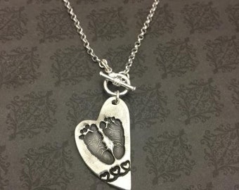 Asymmetrical Heart-Actual Baby Footprint Necklace - Actual Handprint - Actual Footprint Jewelry - In memory of Jewelry -baby loss