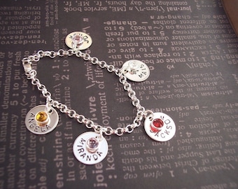 Hand Stamped Charm BRACELET for GRANDMA or Mother of Many Personalized with names and birthstones