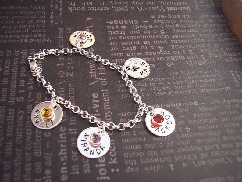 Hand Stamped Personalized Custom BIRTHSTONE Charm BRACELET Sterling Silver. GRANDMA or Mother of Many image 1