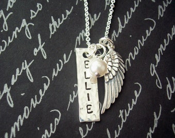 Hand Stamped Jewelry - Angel Wing - Gift for her - Personalized Jewelry - Personalized Necklace - Dainty Necklace - Say Anything Jewelry