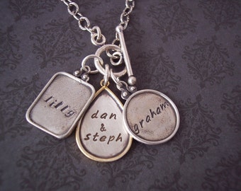 Hand Stamped Jewelry -  Personalized Necklace - Ultimate Family Sterling with Gold Rimmed teardrop on Toggle Clasp necklace