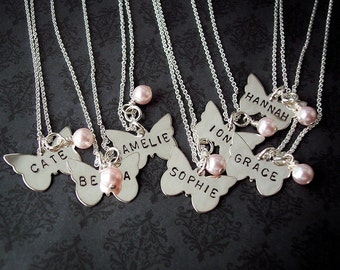 Hand Stamped BUTTERFLY Sterling personalized necklace Child's length chain available FLOWER girl First COMMUNION etc.