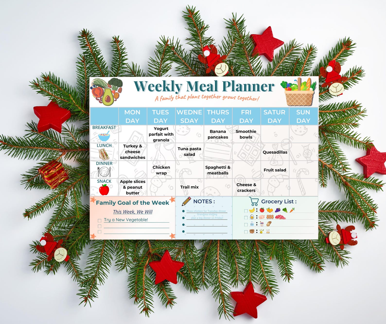 Family Weekly Meal Planner Printable Menu & Grocery Organizer, Goals ...