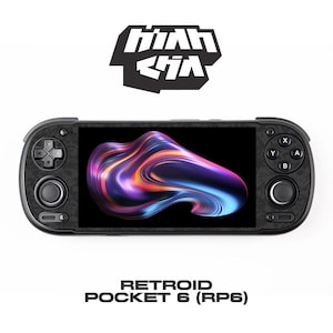 May include: A black handheld gaming console featuring a dark textured casing, a central screen displaying a vibrant abstract swirl of purple, blue, and orange colors, a directional pad, two analog sticks, and four action buttons labeled A, B, X, Y.