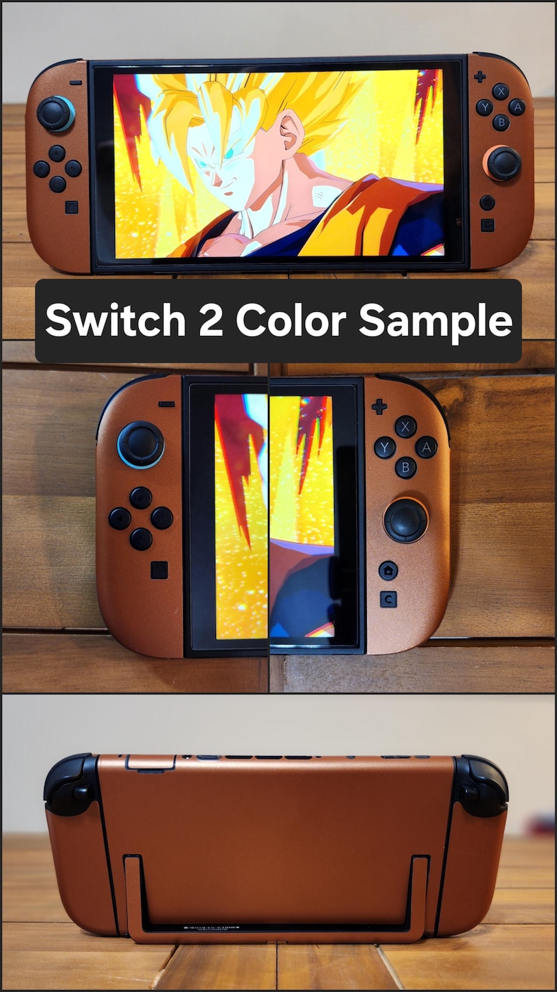 以下が含まれることがあります： 銅色のNintendo Switchコンソール。黒いアクセントがあり、画面にはビデオゲームのキャラクターが表示されています。「Switch 2 Color Sample」というテキストが黒いバーに表示されています。コンソールは複数の角度から表示されています。