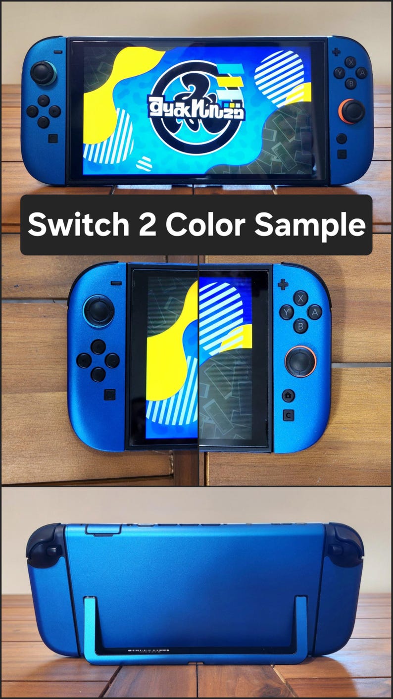 以下が含まれることがあります： カラフルなグラフィックを表示する画面を備えた青いNintendo Switchコンソール。画像は、前面、上面、背面など、さまざまな角度からコンソールを示しています。「SWITCH 2 COLOR SAMPLE」というテキストが表示されています。