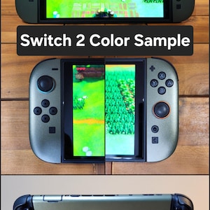 以下が含まれることがあります： オリーブグリーンのNintendo Switchコンソール。画面にはゲームが表示されています。画像は、画面のクローズアップやコンソールの背面など、3つの異なるビューでコンソールを示しています。「Switch 2 Color Sample」というテキストが表示されています。