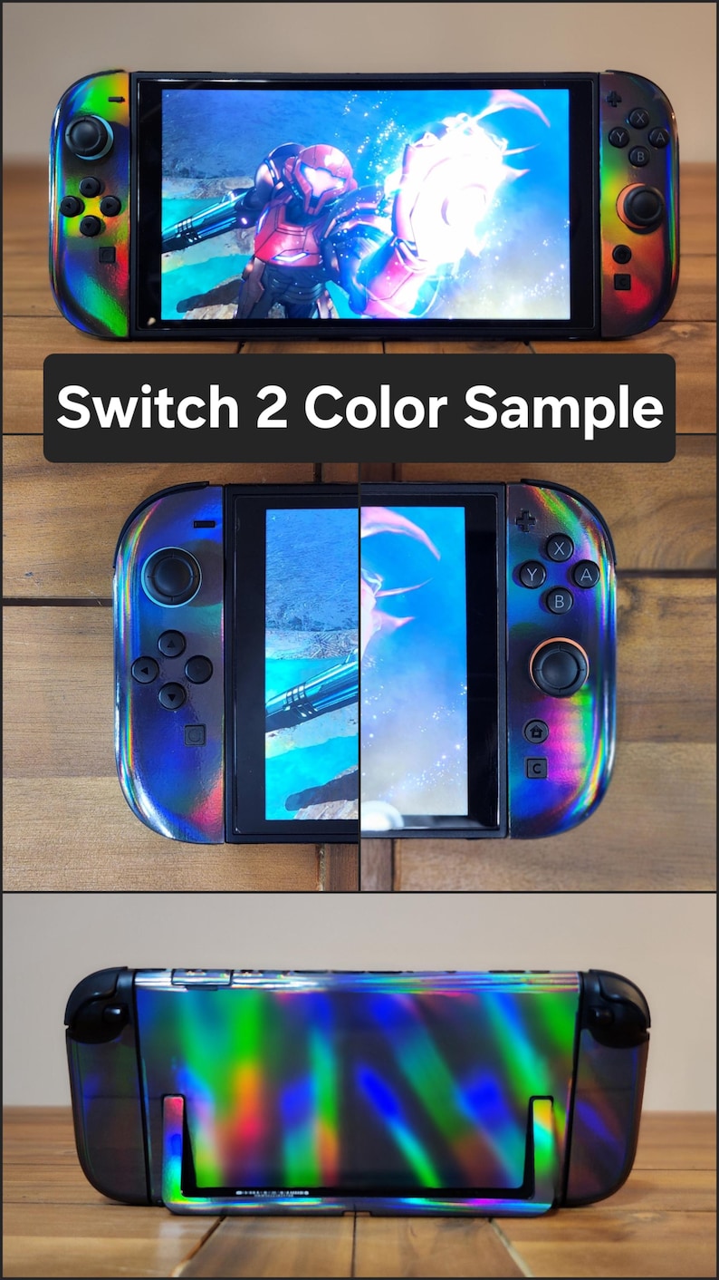 以下が含まれることがあります： 3台のNintendo Switchコンソールが、虹色のスキンで表示されています。画面にはビデオゲームのグラフィックが表示されています。「SWITCH 2 COLOR SAMPLE」というテキストが黒い長方形で表示されています。